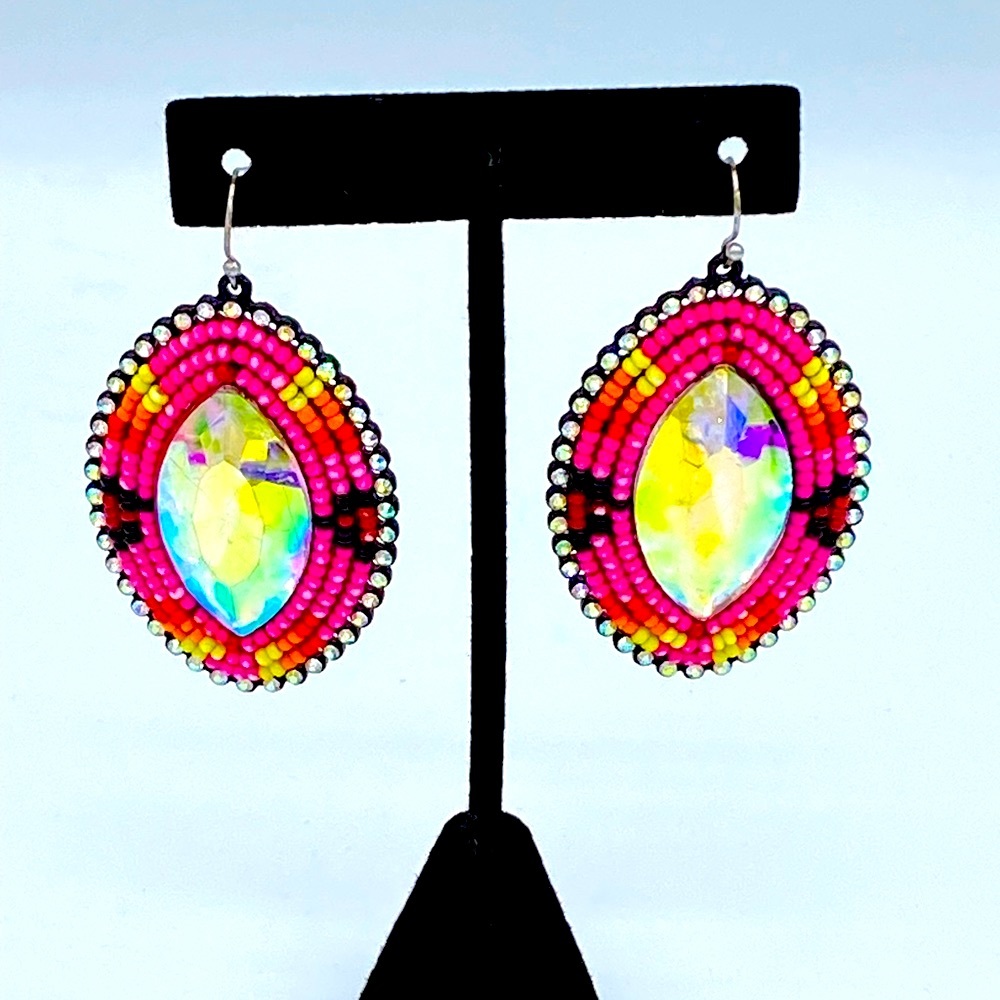 Hot Pink , Black  Beaded And Iridescent Rhinestone Earrings (NWOT)